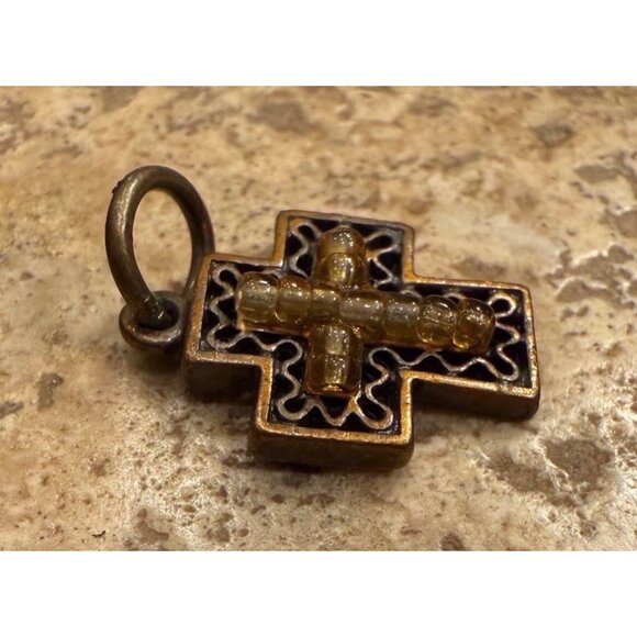 Vintage Brass Cross Pendant With Beaded Accent - Picture 3 of 3